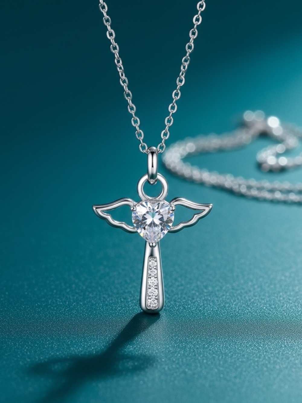 Angel Wings Diamond Heart Cross Necklace 925 Silver Religious Coquette Fairy